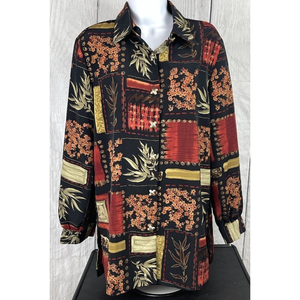 Periphery Womens Size 10 Long Sleeve Button Down Shirt Black Tan Red Floral